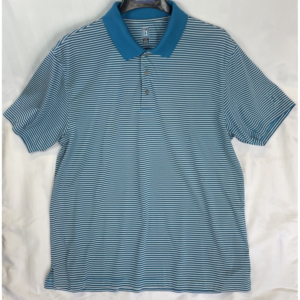 PGA Tour Polo Shirt Men's 2XL SS Blue Turquoise White Striped Golf Performance